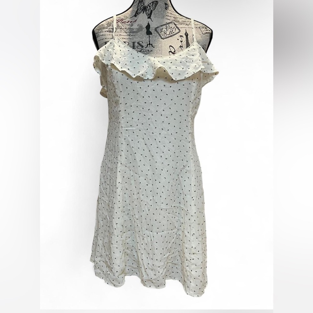 American Eagle Outfitters Cream Mini Dress with black floral and ruffle trims